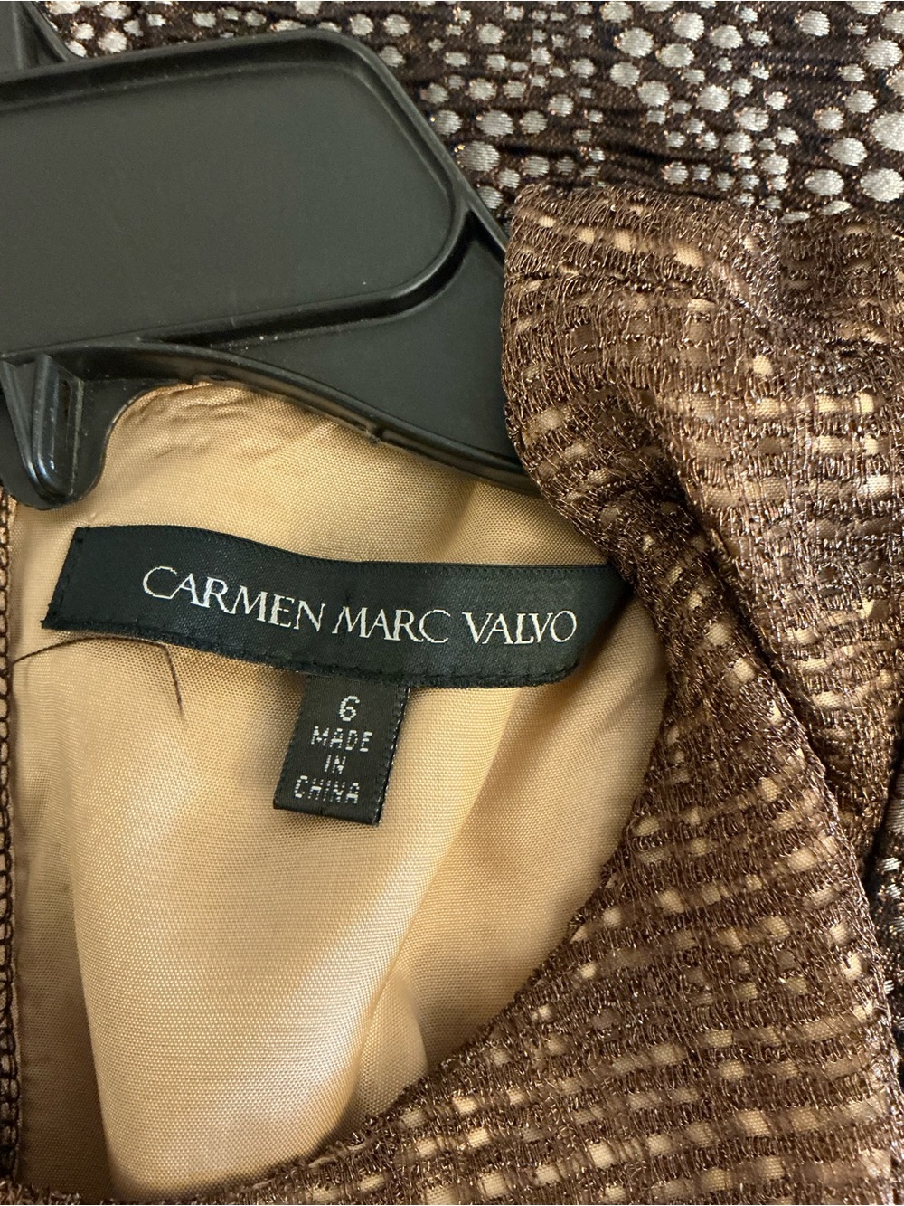 Carmen Marc Valvo Metallic Bronze Jacquard Cocktail Dress Size 6 Pleated Tulip - Picture 5 of 8
